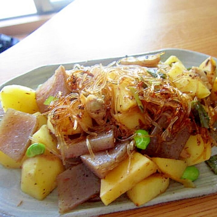 じゃが芋蒟蒻枝豆鰹節春雨炒め煮